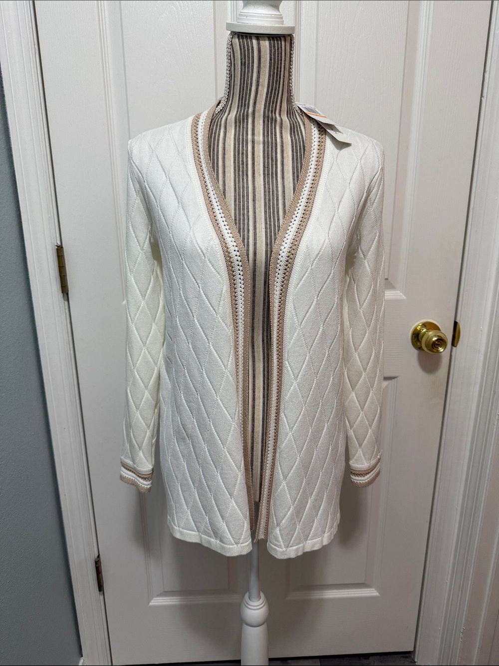 Cream Open-Front Quilted Cardigan with Tan Trim